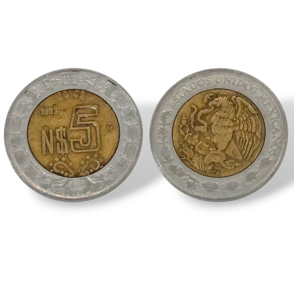 MEXICO 5 New Pesos Bimetallic Coin From 1993 Aztec Calendar KM#605